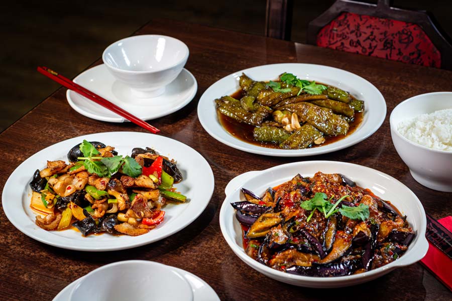 Dishes on a table from China red
